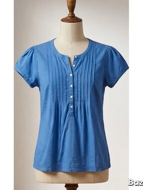 Blue Pintuck Henley Short Sleeve Blouse
